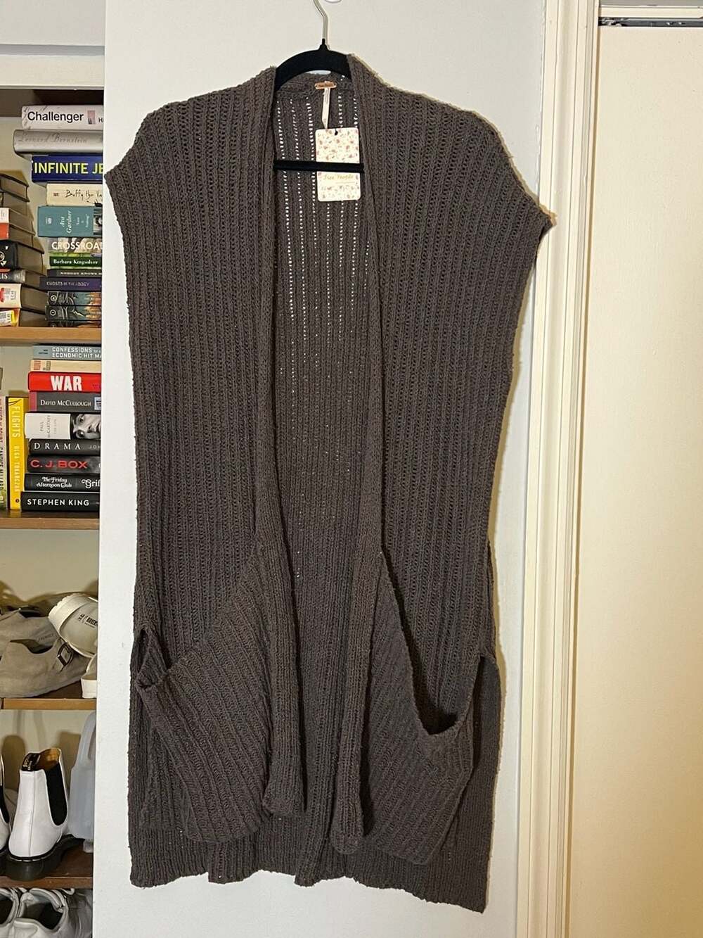 NWT Free People Sloppy Pocket Sleeveless Long Cardigan Vest in Dark Brown